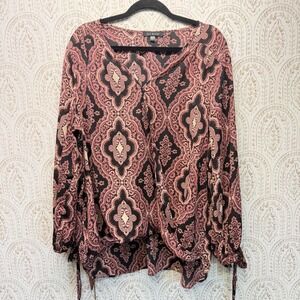 Lily Black Blouse Womens 3X Pink Paisley Long Sleeve Tie Cuff Wrap Front Top